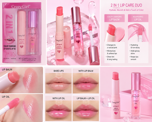 Crazy Girl 2 In 1 Color Changing Lip Balm & Lip Oil Set – Moisturizing Pink Lip Care Duo