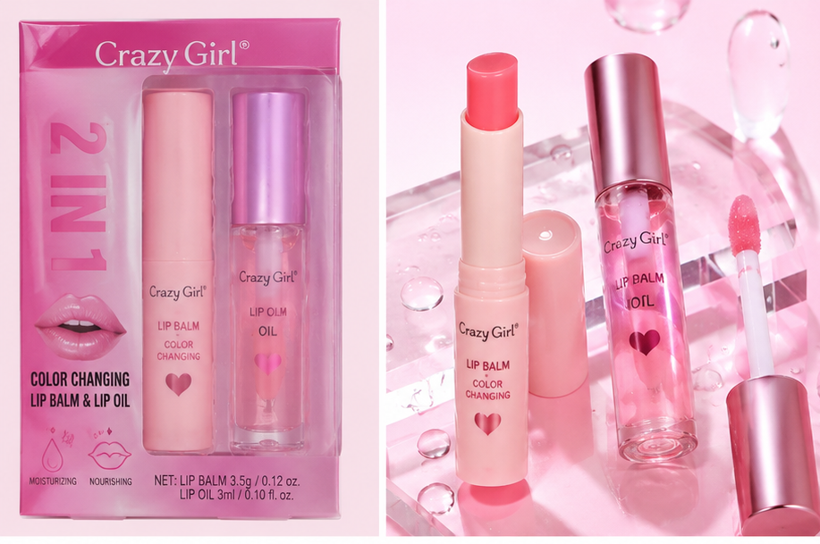 Crazy Girl 2 In 1 Color Changing Lip Balm & Lip Oil Set – Moisturizing Pink Lip Care Duo