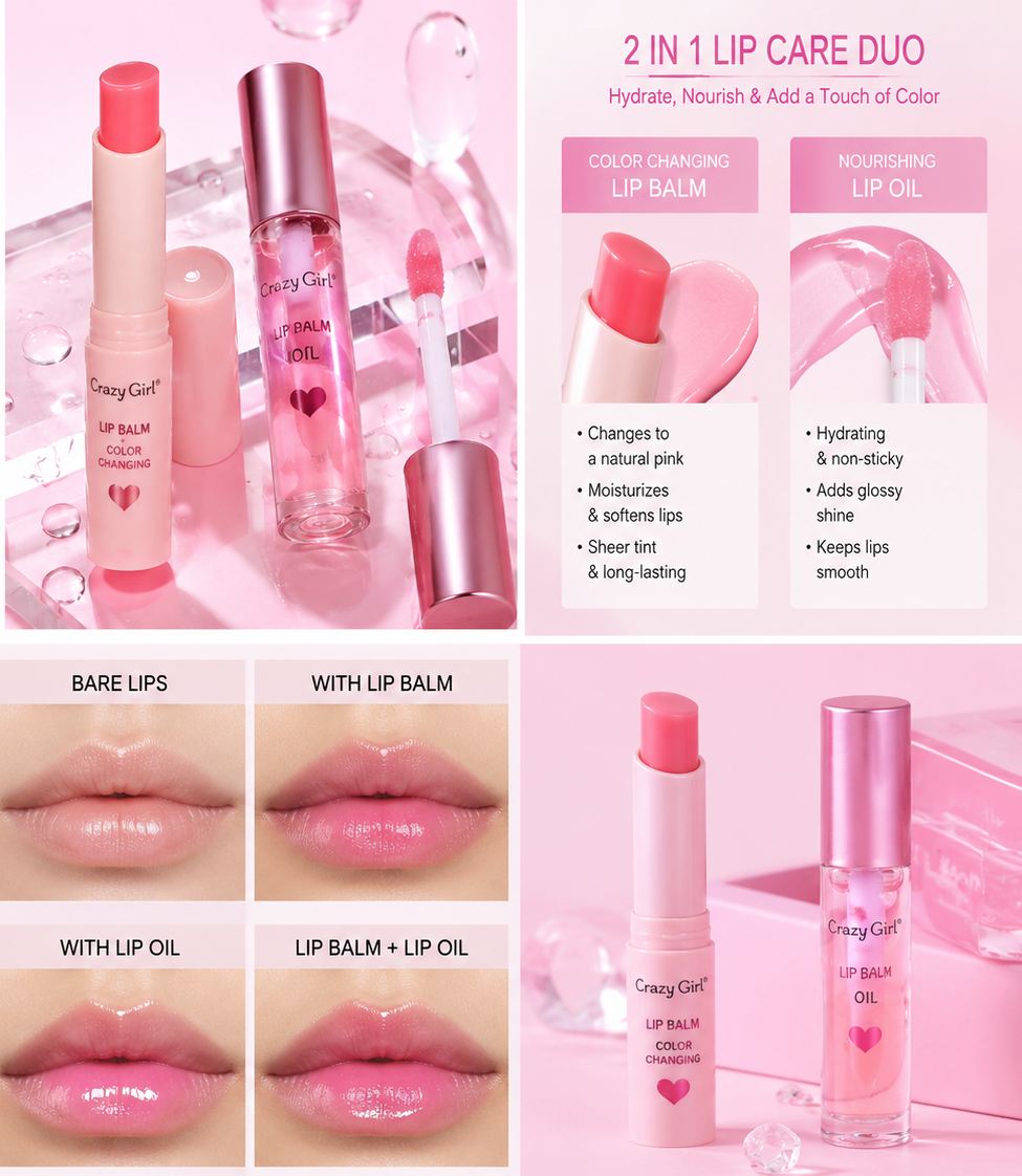 Crazy Girl 2 In 1 Color Changing Lip Balm & Lip Oil Set – Moisturizing Pink Lip Care Duo