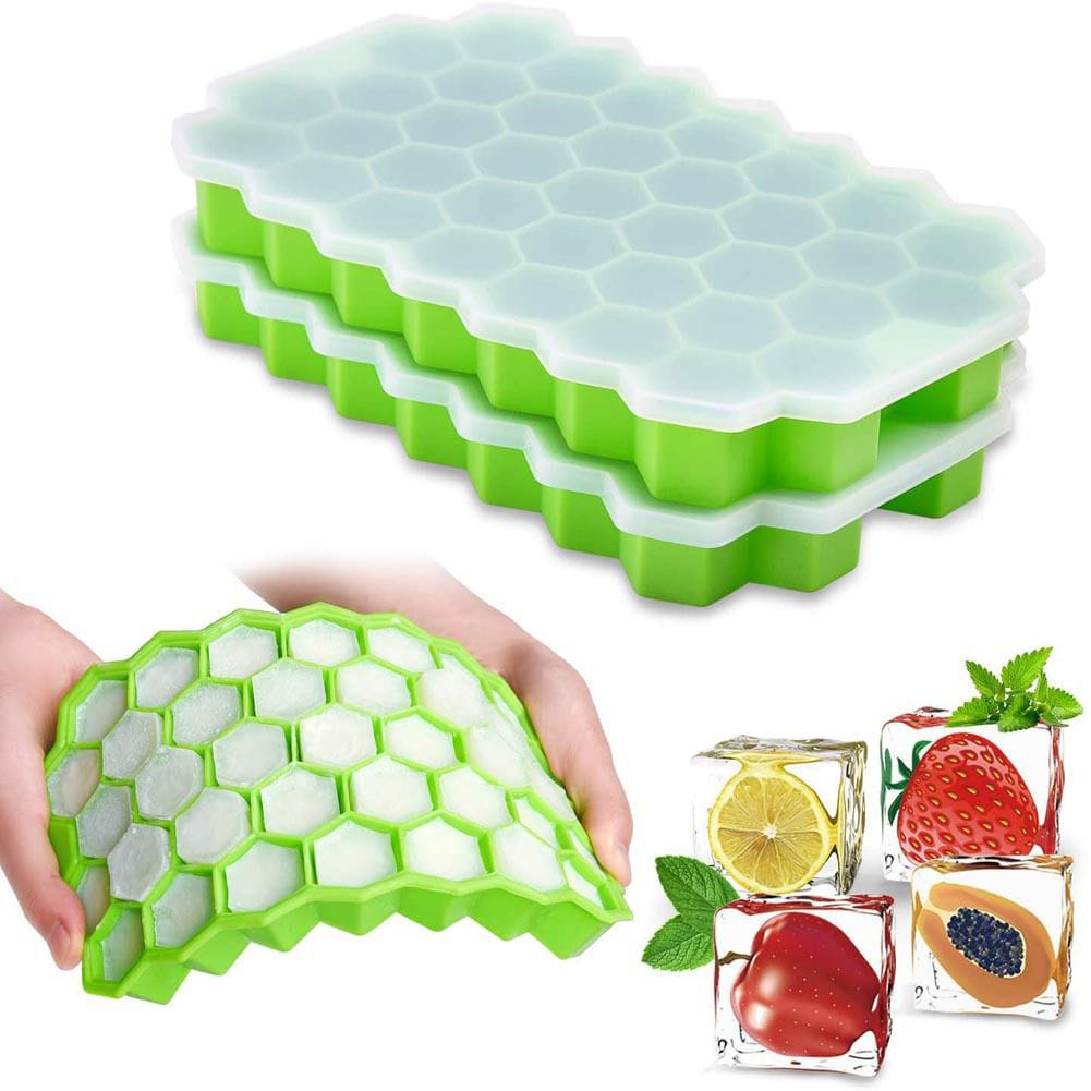 37-Cavity Silicone Honeycomb Ice Cube Tray with Lid - Green