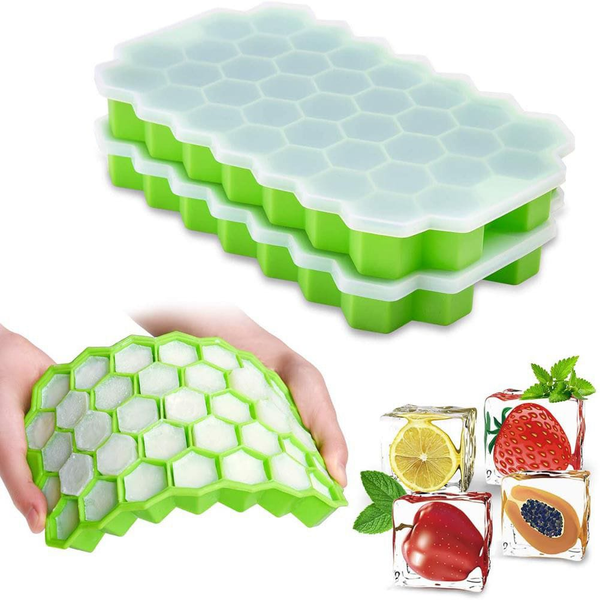 37-Cavity Silicone Honeycomb Ice Cube Tray with Lid - Green