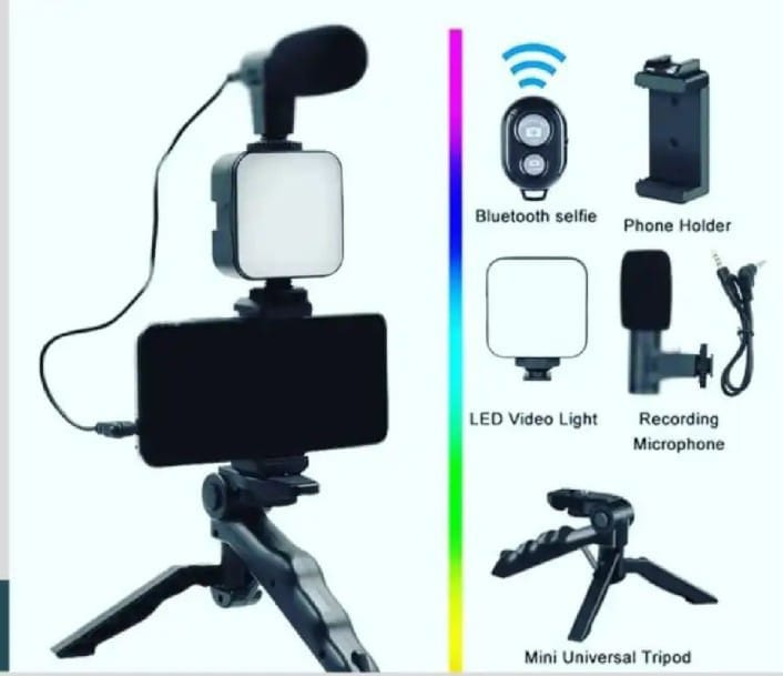 AY-49 Kit Components - Bluetooth Remote, Phone Holder, LED Light, Mic, Tripod